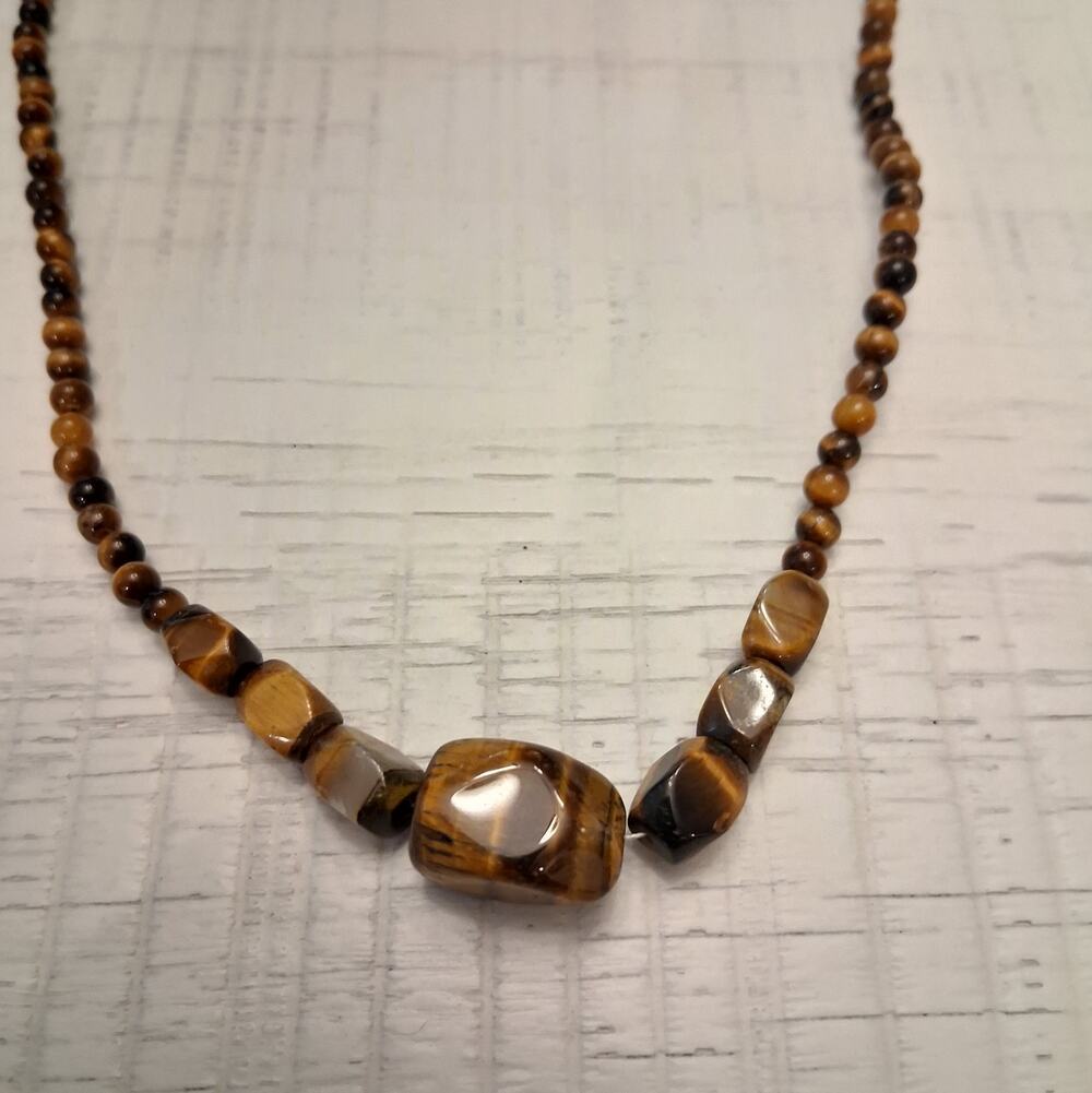 Tiger's Eye Stone Bead Necklace with Nuggets and Small Round Beads 18" Long